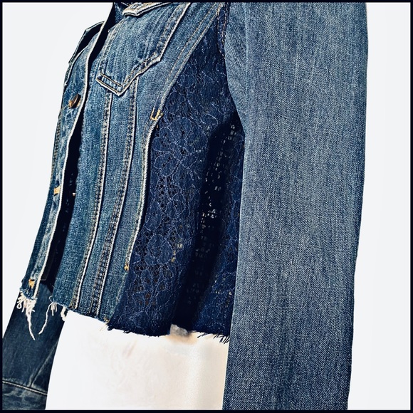FREE PEOPLE DENIM JACKET W BLUE LACE INSET PANELS - Picture 7 of 12